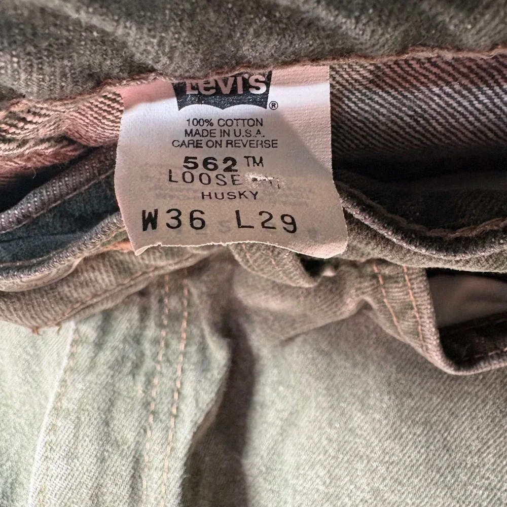 Vintage Levis 562 Loose Fit Husky Orange Tab Green‎ Grey Jeans Made in USA 36x29